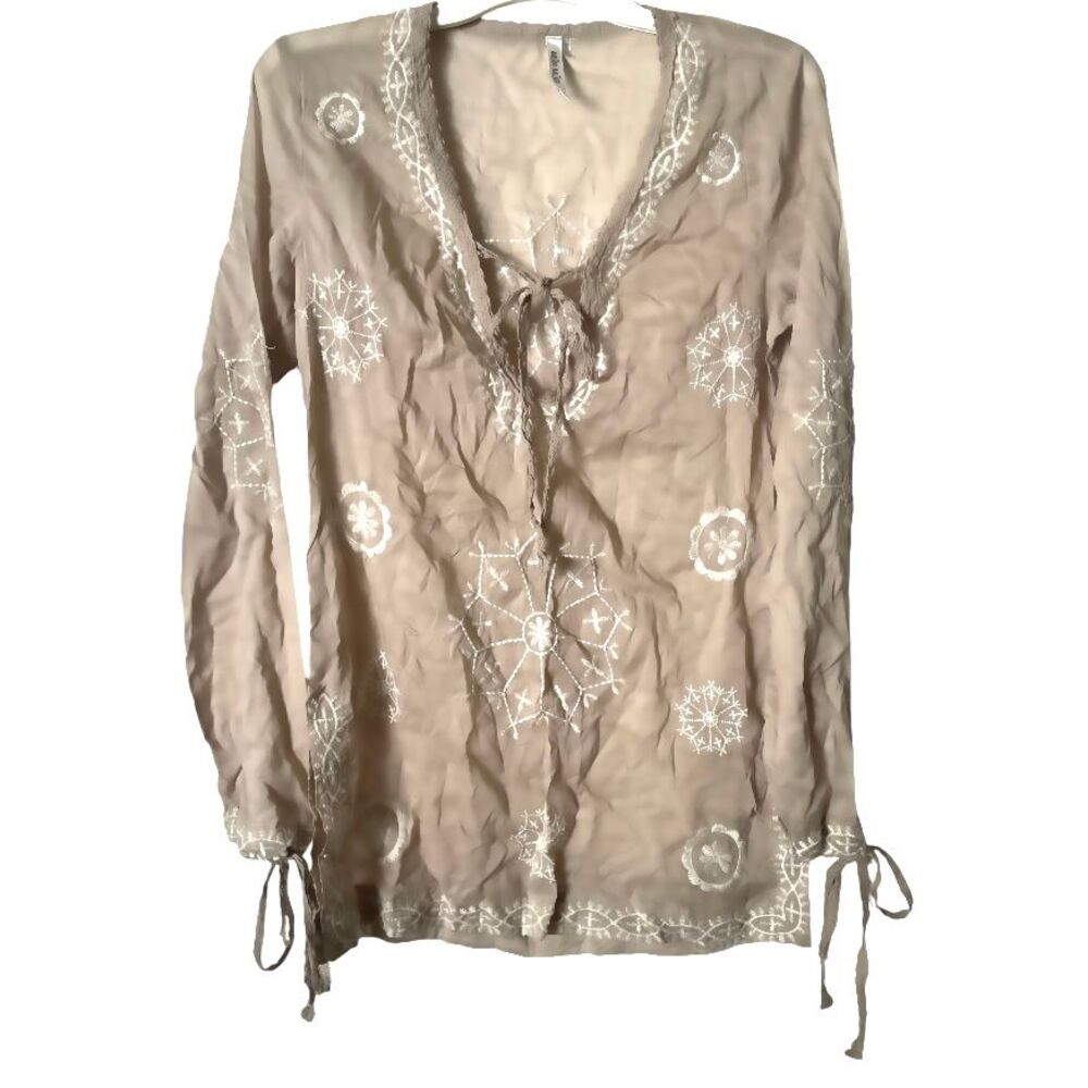 Mur Mur 100% Cotton Tan Embroidered V-Neck‎ Tunic Top with Bows on Sleeves M